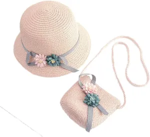 WeeH Girls Summer Hat Bag Set Wide Brim Hat Sun Beach Hats with Shoulder Bag