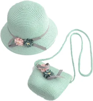 WeeH Girls Summer Hat Bag Set Wide Brim Hat Sun Beach Hats with Shoulder Bag