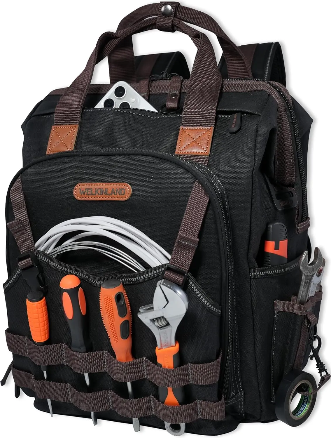 WELKINLAND 88-Pockets Waxed- Canvas HAVC Tool Backpack,Heavy-Duty electrician tools backpack,Open-Top technician tool bag backpackTool backpack for construction