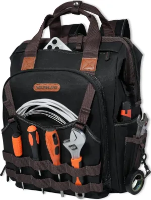 WELKINLAND 88-Pockets Waxed- Canvas HAVC Tool Backpack,Heavy-Duty electrician tools backpack,Open-Top technician tool bag backpackTool backpack for construction