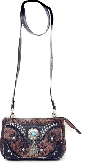 Western Feather Country Rhinestone Concho Laser Cut Wallet Cross Body Clutch Bag Purse
