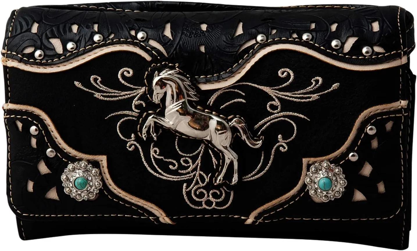 Western Horse Equestrian Embroidery Tooling Crossbody Wristlet Clutch Wallet