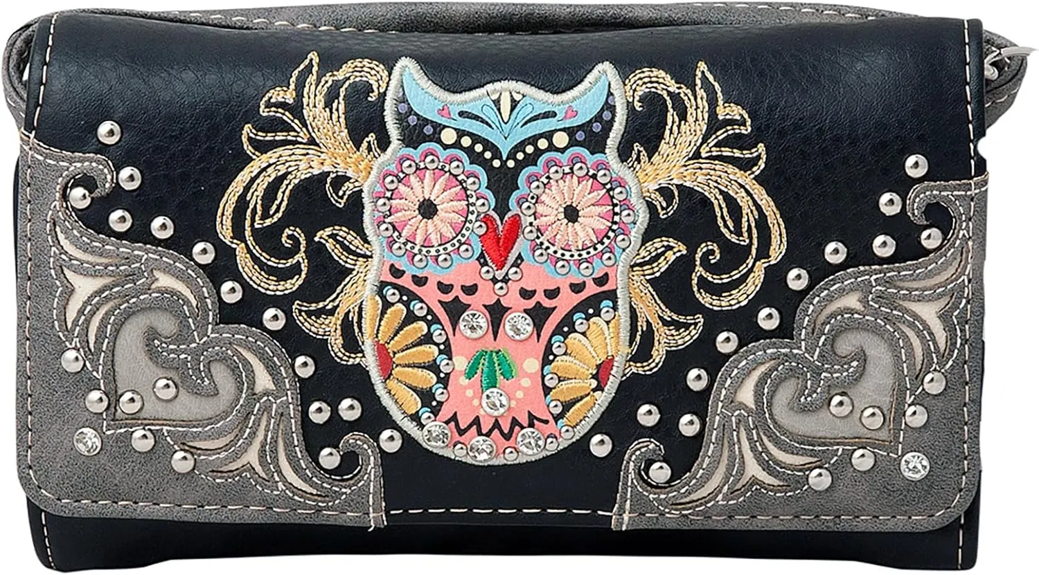 Western Owl Art Heart Crossbody Wristlet Clutch Wallet