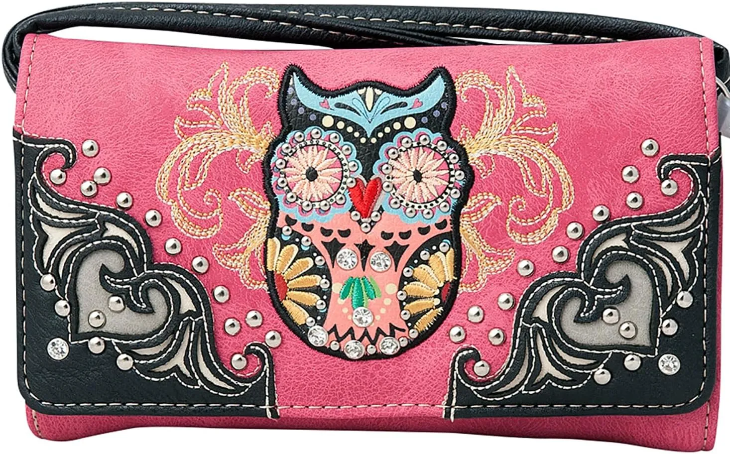 Western Owl Art Heart Crossbody Wristlet Clutch Wallet
