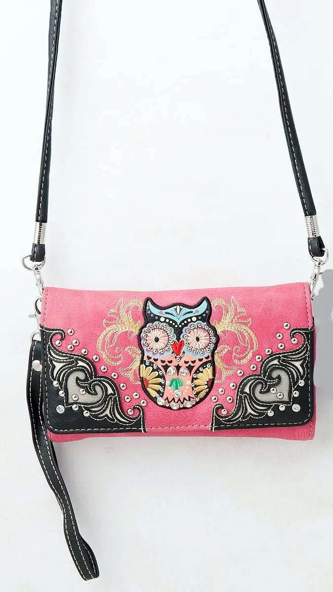 Western Owl Art Heart Crossbody Wristlet Clutch Wallet