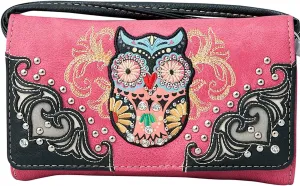 Western Owl Art Heart Crossbody Wristlet Clutch Wallet