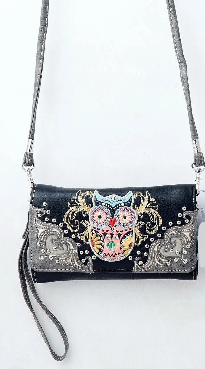 Western Owl Art Heart Crossbody Wristlet Clutch Wallet