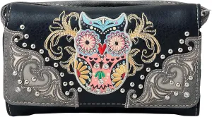 Western Owl Art Heart Crossbody Wristlet Clutch Wallet