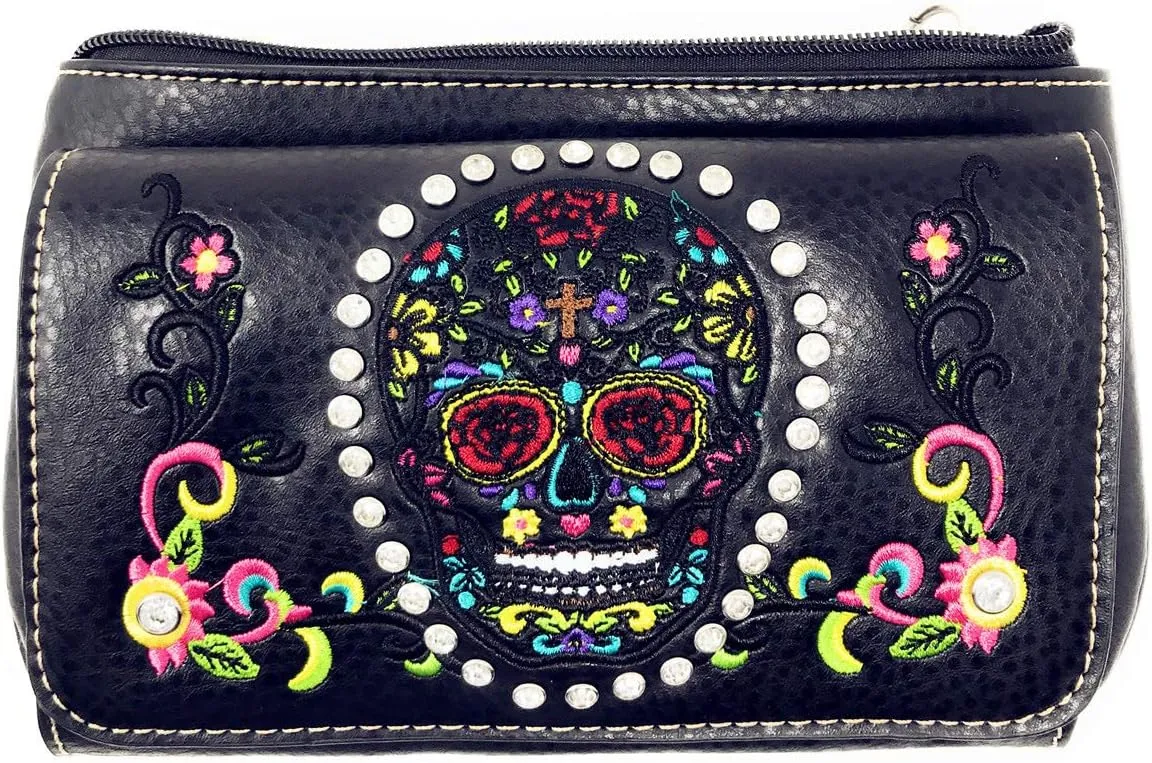 Western Rhinestone Embroidery Wallet Crossbody Clutch Bag Purse in Multi-Way