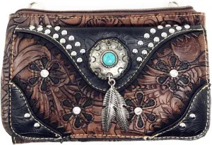 Western Rhinestone Embroidery Wallet Crossbody Clutch Bag Purse in Multi-Way