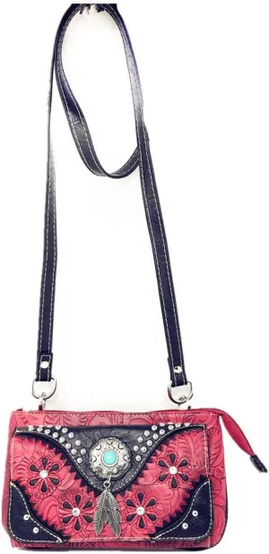 Western Rhinestone Embroidery Wallet Crossbody Clutch Bag Purse in Multi-Way