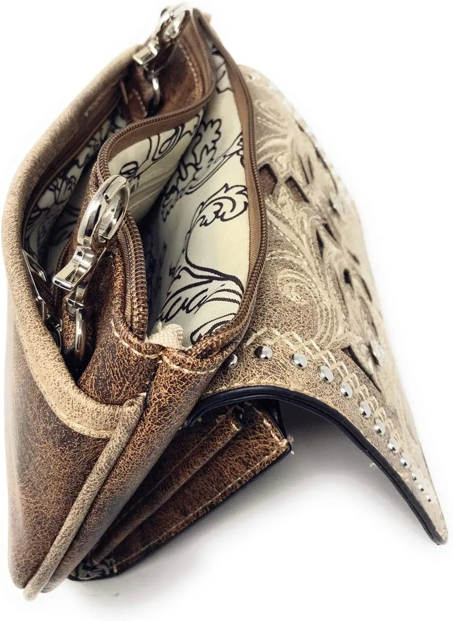 Western Rhinestone Embroidery Wallet Crossbody Clutch Bag Purse in Multi-Way