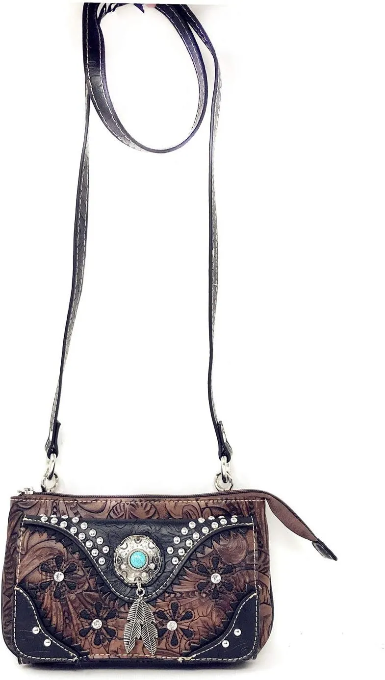 Western Rhinestone Embroidery Wallet Crossbody Clutch Bag Purse in Multi-Way
