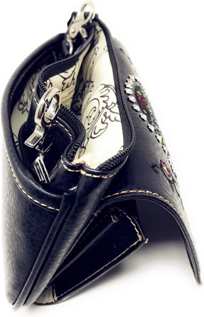 Western Rhinestone Embroidery Wallet Crossbody Clutch Bag Purse in Multi-Way