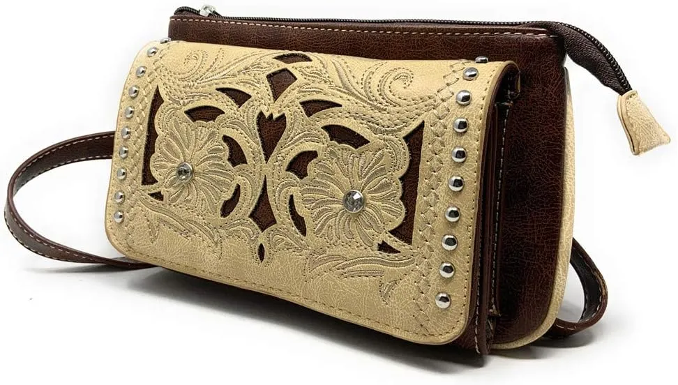 Western Rhinestone Embroidery Wallet Crossbody Clutch Bag Purse in Multi-Way