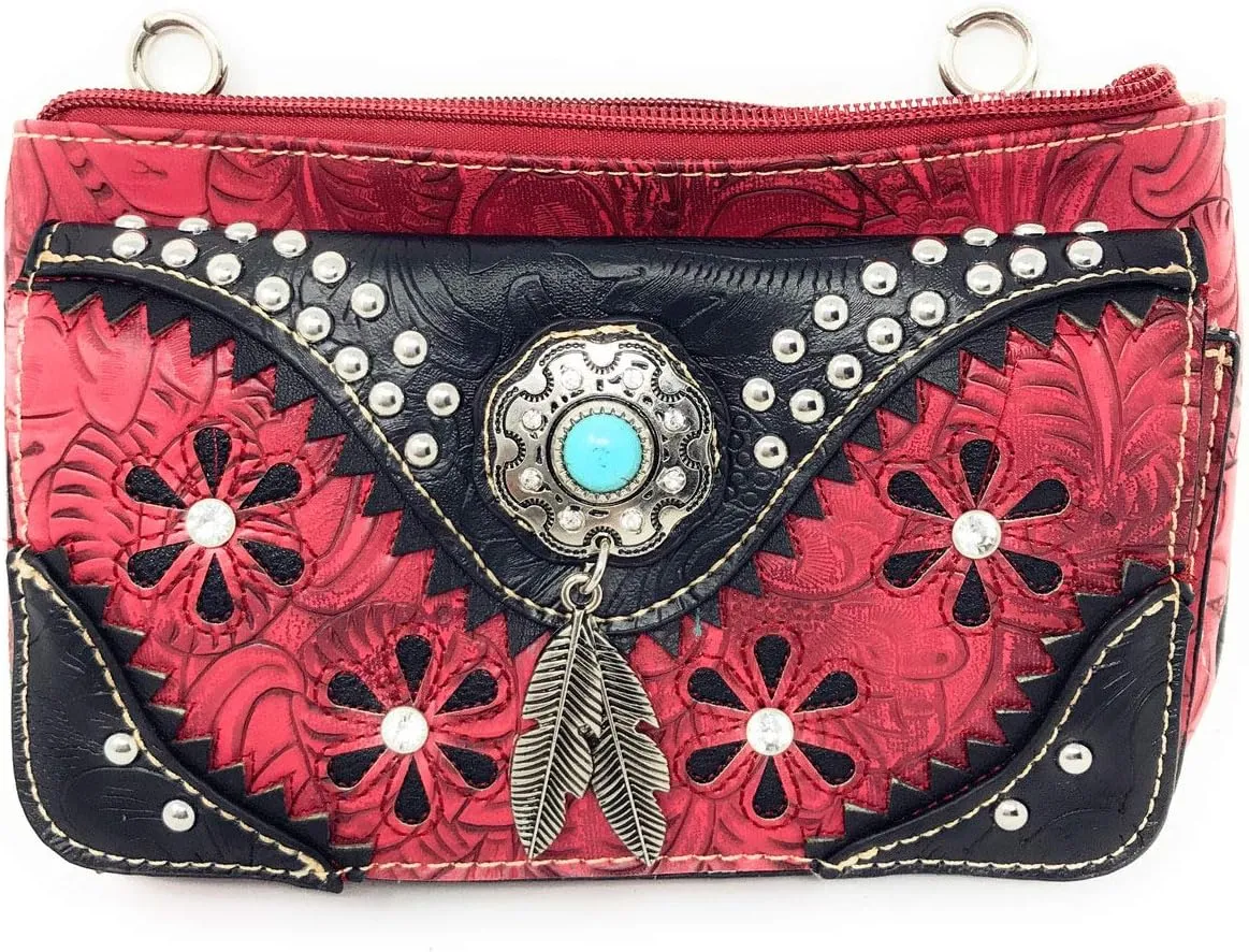 Western Rhinestone Embroidery Wallet Crossbody Clutch Bag Purse in Multi-Way