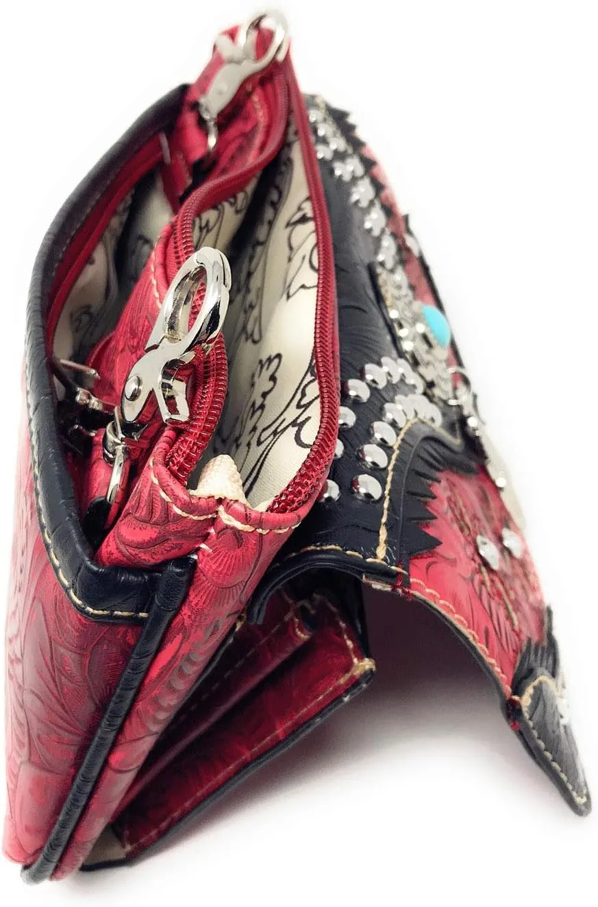 Western Rhinestone Embroidery Wallet Crossbody Clutch Bag Purse in Multi-Way