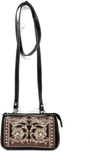 Western Rhinestone Flora Embroidery Laser Cut Wallet Cross Body Clutch Bag Purse