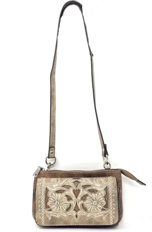 Western Rhinestone Flora Embroidery Laser Cut Wallet Cross Body Clutch Bag Purse