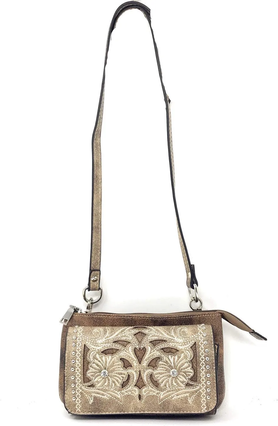 Western Rhinestone Flora Embroidery Laser Cut Wallet Cross Body Clutch Bag Purse