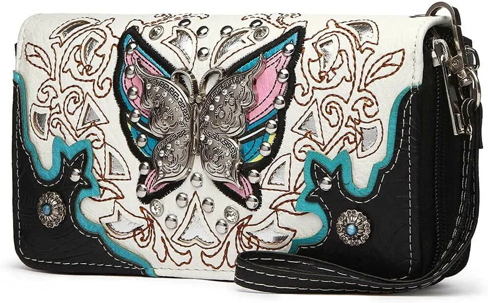 Western Style Butterfly Rhinestone Concho Studded Embroidered Floral Country Wrist Strap Women Wristlet Double Zip Wallet (Black)