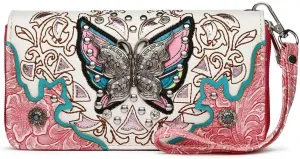 Western Style Butterfly Rhinestone Concho Studded Embroidered Floral Country Wrist Strap Women Wristlet Double Zip Wallet (Fuchsia)