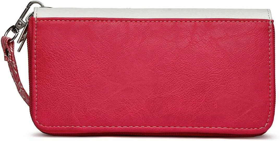 Western Style Butterfly Rhinestone Concho Studded Embroidered Floral Country Wrist Strap Women Wristlet Double Zip Wallet (Fuchsia)