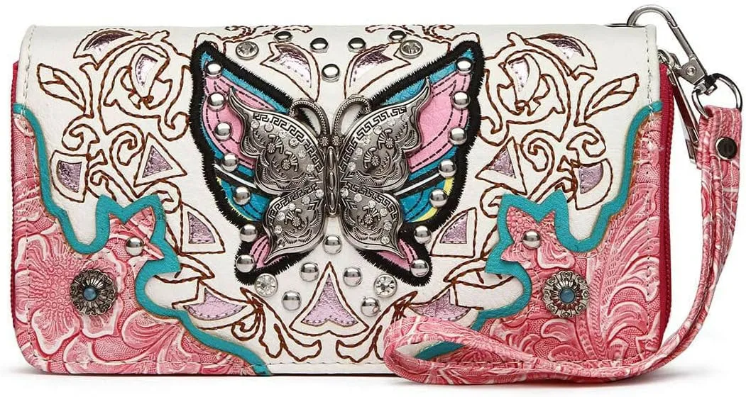 Western Style Butterfly Rhinestone Concho Studded Embroidered Floral Country Wrist Strap Women Wristlet Double Zip Wallet (Fuchsia)