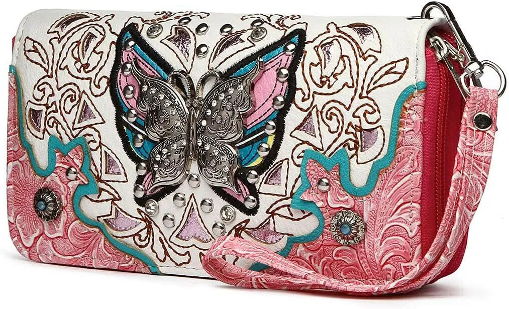 Western Style Butterfly Rhinestone Concho Studded Embroidered Floral Country Wrist Strap Women Wristlet Double Zip Wallet (Fuchsia)