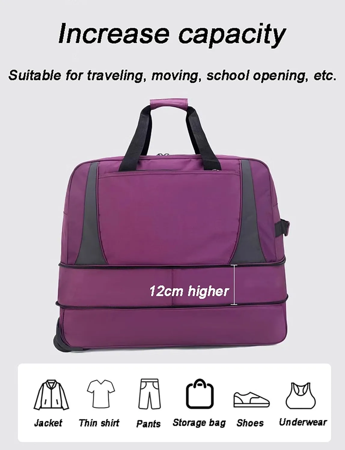 Wheeled Duffle Bag Large Capacity Foldable Travel Luggage with Telescopic Handle, Oxford Fabric Carry-On, Storage for Blankets Weekender Moving Storage(Black,Large)