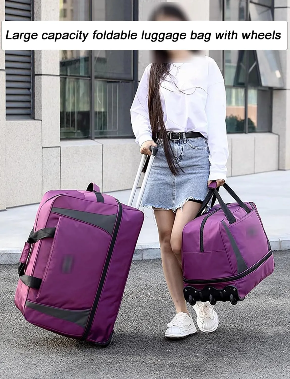 Wheeled Duffle Bag Large Capacity Foldable Travel Luggage with Telescopic Handle, Oxford Fabric Carry-On, Storage for Blankets Weekender Moving Storage(Black,Large)