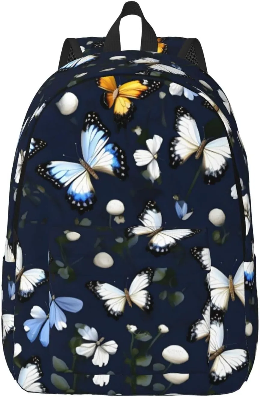White Blooms With Blue Butterflies Canvas Casual Lightweight Duffel Bag, Fashion Duffel Bag, Casual Daypack, Unisex Travel Backpack