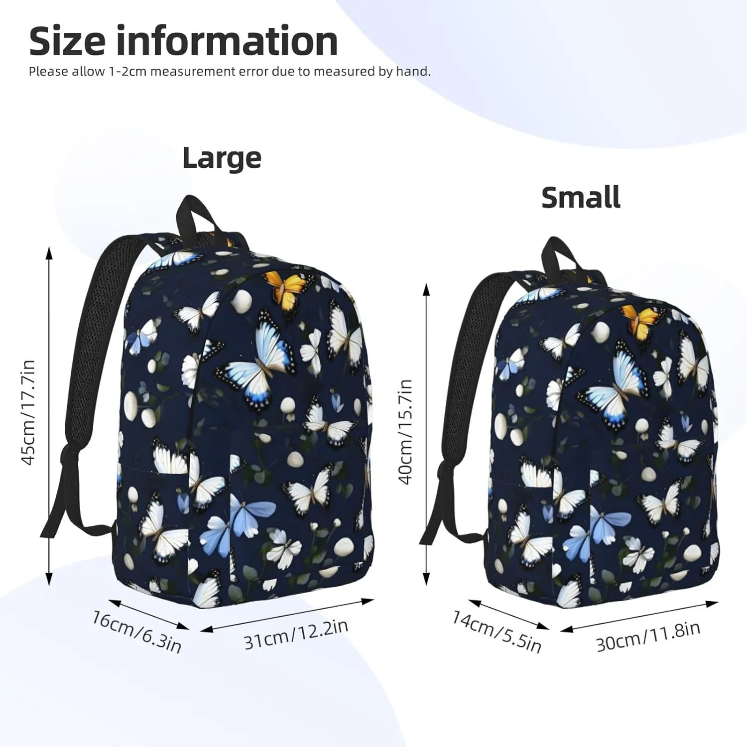 White Blooms With Blue Butterflies Canvas Casual Lightweight Duffel Bag, Fashion Duffel Bag, Casual Daypack, Unisex Travel Backpack