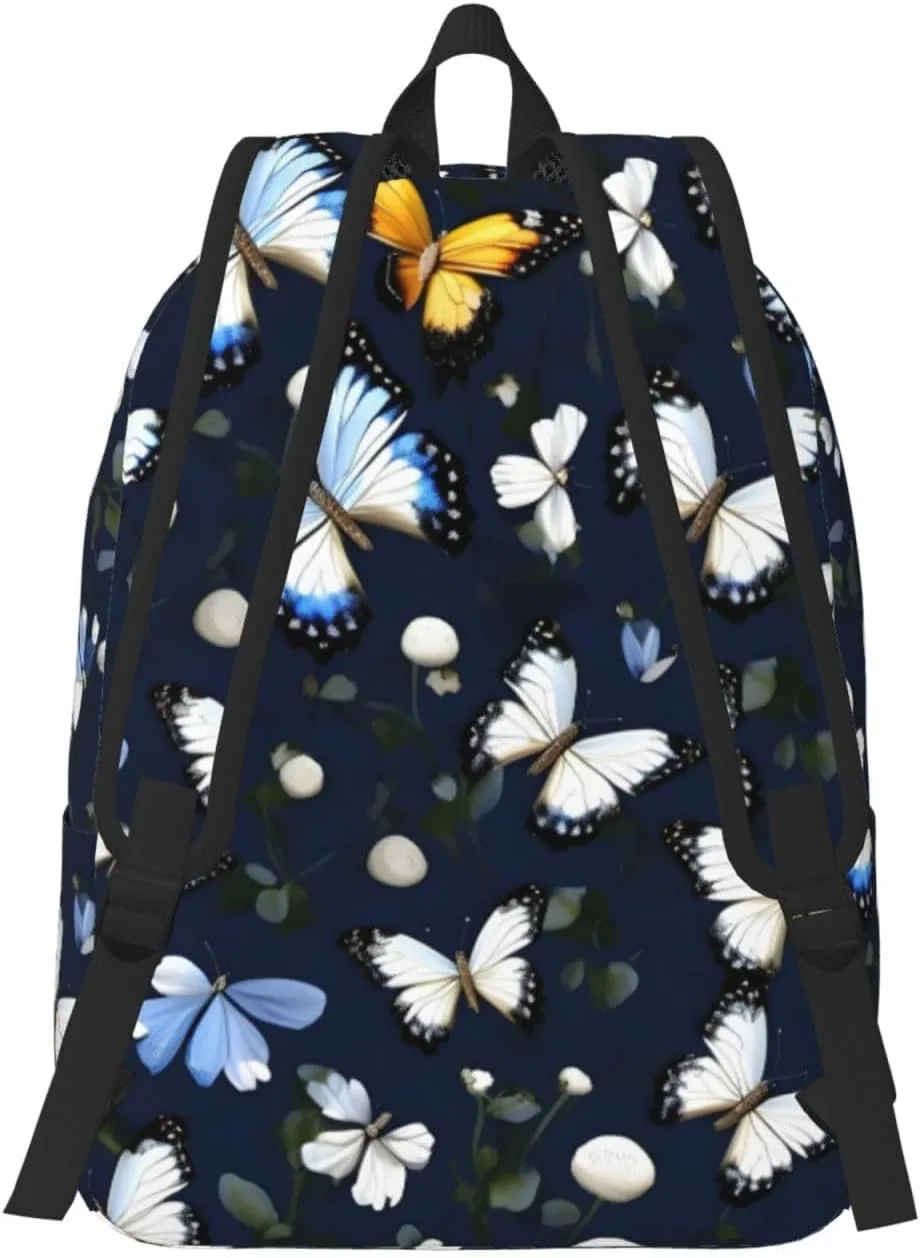 White Blooms With Blue Butterflies Canvas Casual Lightweight Duffel Bag, Fashion Duffel Bag, Casual Daypack, Unisex Travel Backpack