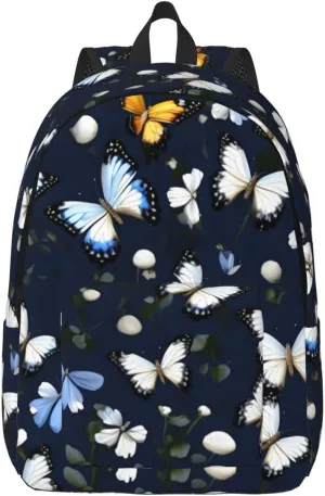 White Blooms With Blue Butterflies Canvas Casual Lightweight Duffel Bag, Fashion Duffel Bag, Casual Daypack, Unisex Travel Backpack