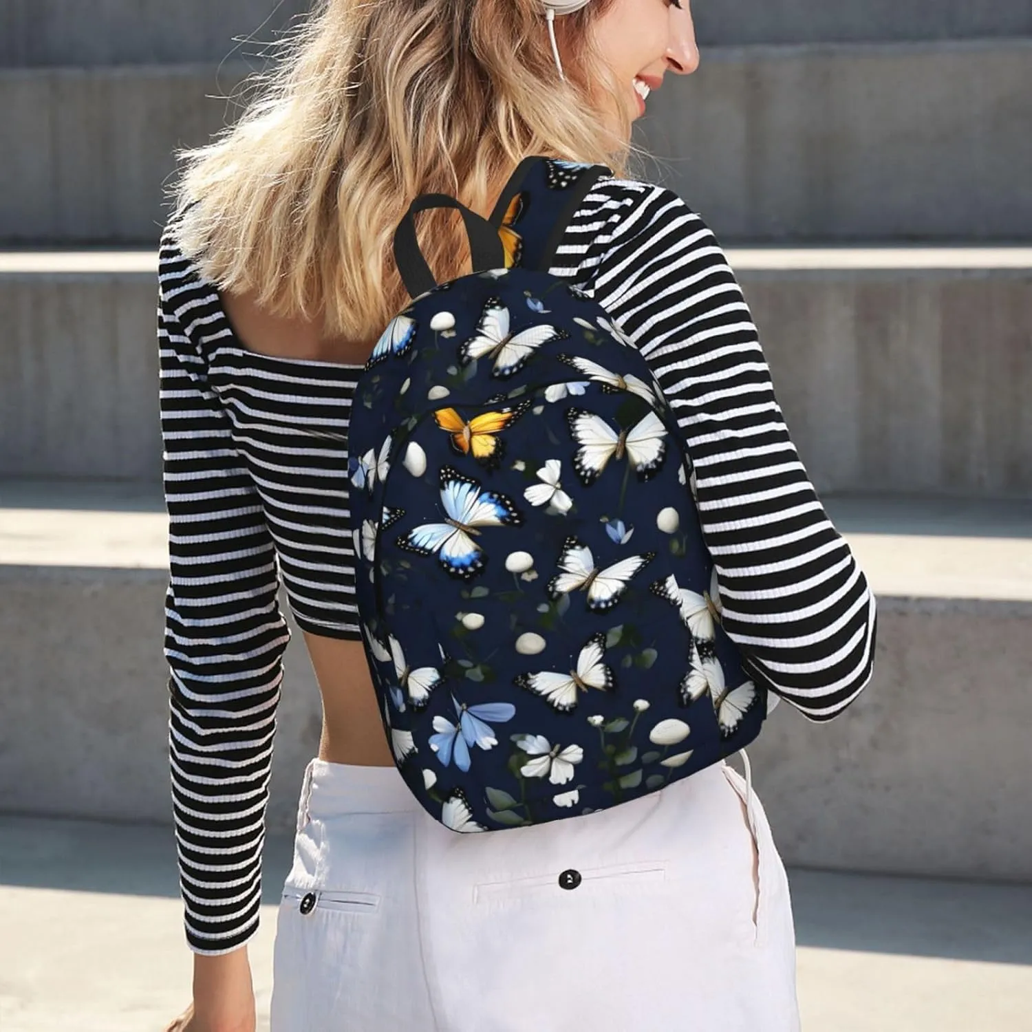 White Blooms With Blue Butterflies Canvas Casual Lightweight Duffel Bag, Fashion Duffel Bag, Casual Daypack, Unisex Travel Backpack