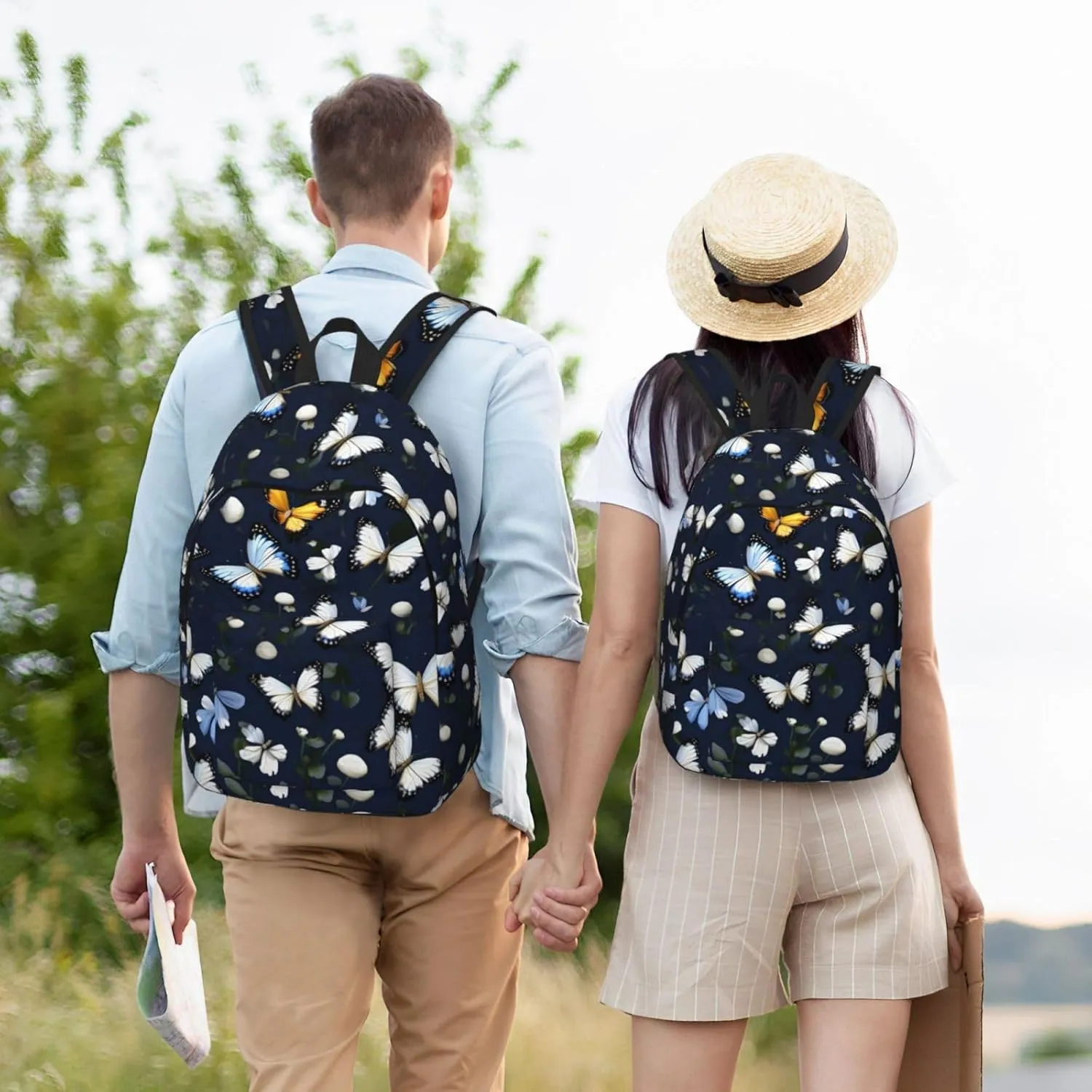 White Blooms With Blue Butterflies Canvas Casual Lightweight Duffel Bag, Fashion Duffel Bag, Casual Daypack, Unisex Travel Backpack