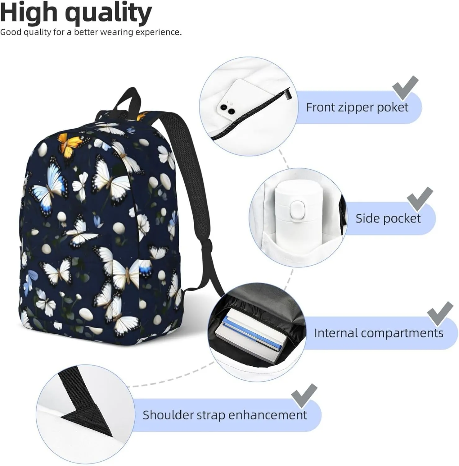 White Blooms With Blue Butterflies Canvas Casual Lightweight Duffel Bag, Fashion Duffel Bag, Casual Daypack, Unisex Travel Backpack