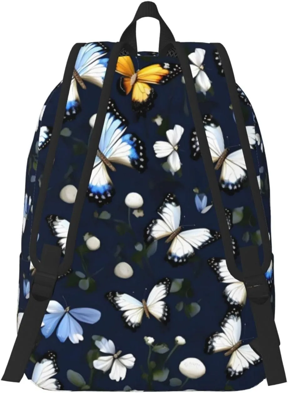 White Blooms with Blue Butterflies Canvas Casual Lightweight Duffel Bag, Fashion Duffel Bag, Unisex Travel Backpack