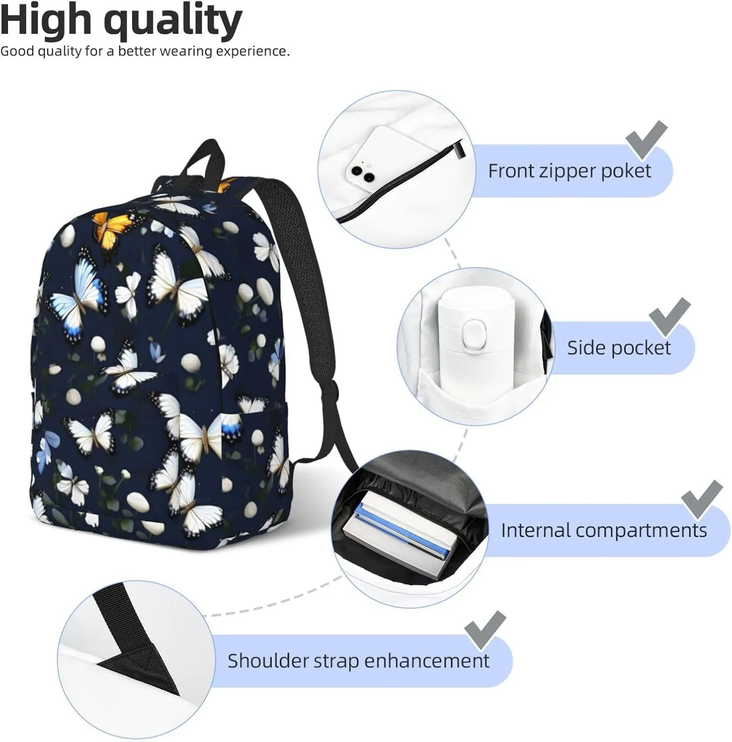 White Blooms with Blue Butterflies Canvas Casual Lightweight Duffel Bag, Fashion Duffel Bag, Unisex Travel Backpack