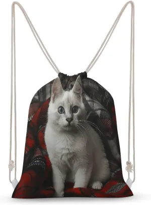 White Cat with Blue Eyes Drawstring Backpack for Women Men Drawstring Bag for Travel Swimming Sports Gym Bag