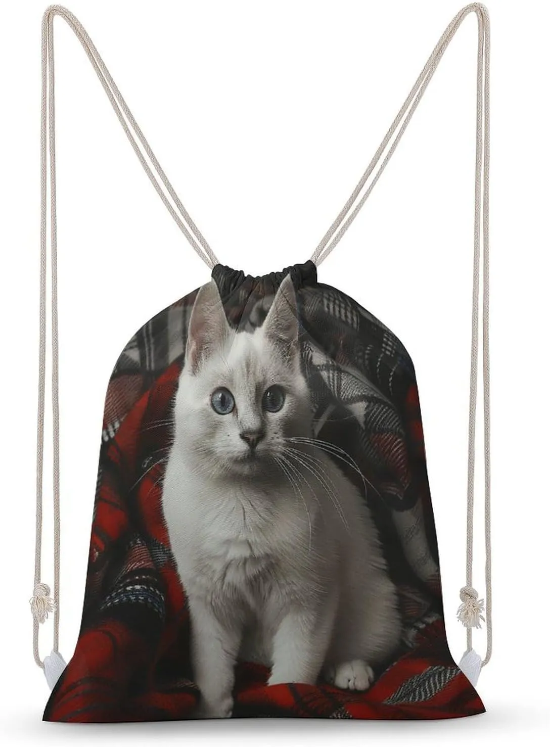 White Cat with Blue Eyes Drawstring Backpack for Women Men Drawstring Bag for Travel Swimming Sports Gym Bag