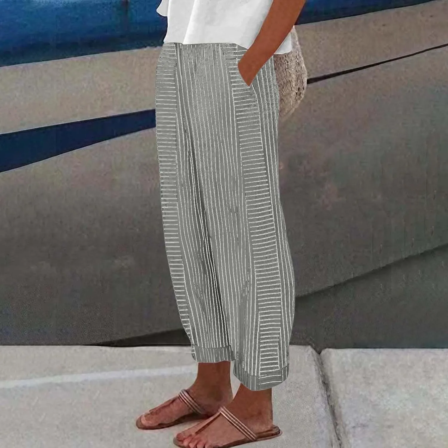 White Linen Pants Women Elastic Pants Long Drawstring Linen Women Waist Cotton Casual Slit Trouser Legs Pants