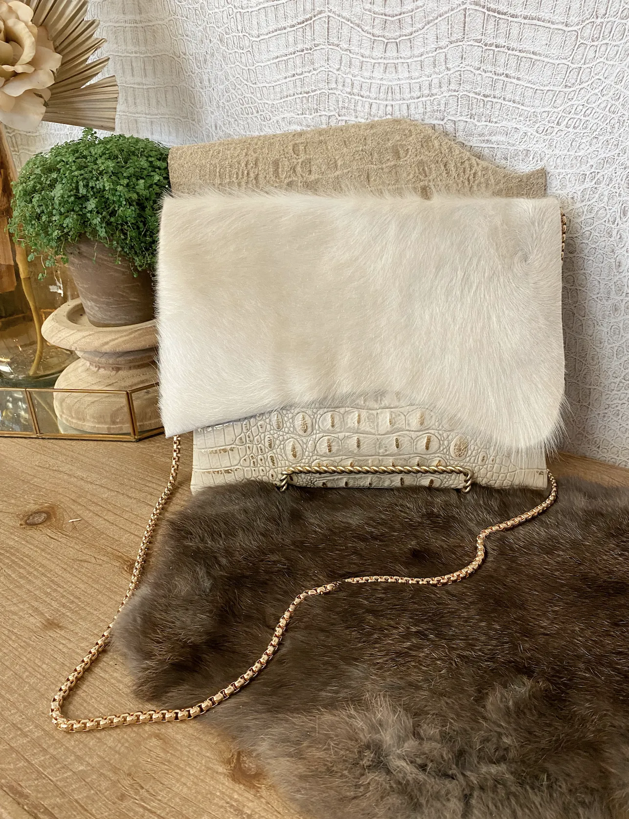 White/Gold Croc with White Hide Flap Clutch/Crossbody