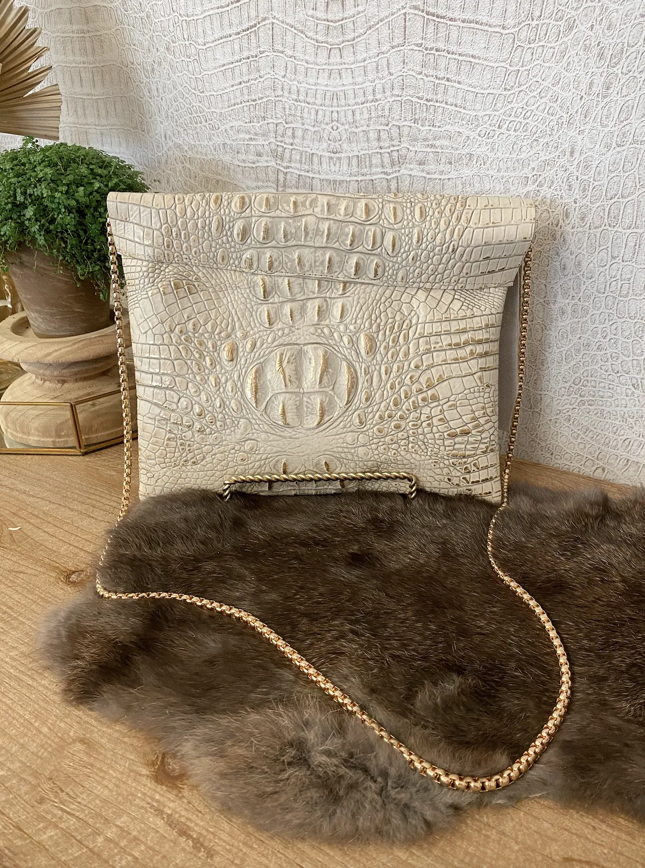 White/Gold Croc with White Hide Flap Clutch/Crossbody