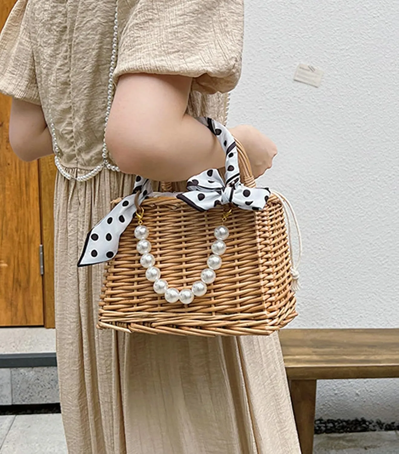 Wicker Basket Lace Ribbon Handbag Vacation Wedding Woven Handbag Drawstring Inner Pouch Daily Use Gift