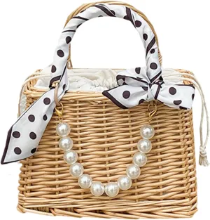 Wicker Basket Lace Ribbon Handbag Vacation Wedding Woven Handbag Drawstring Inner Pouch Daily Use Gift