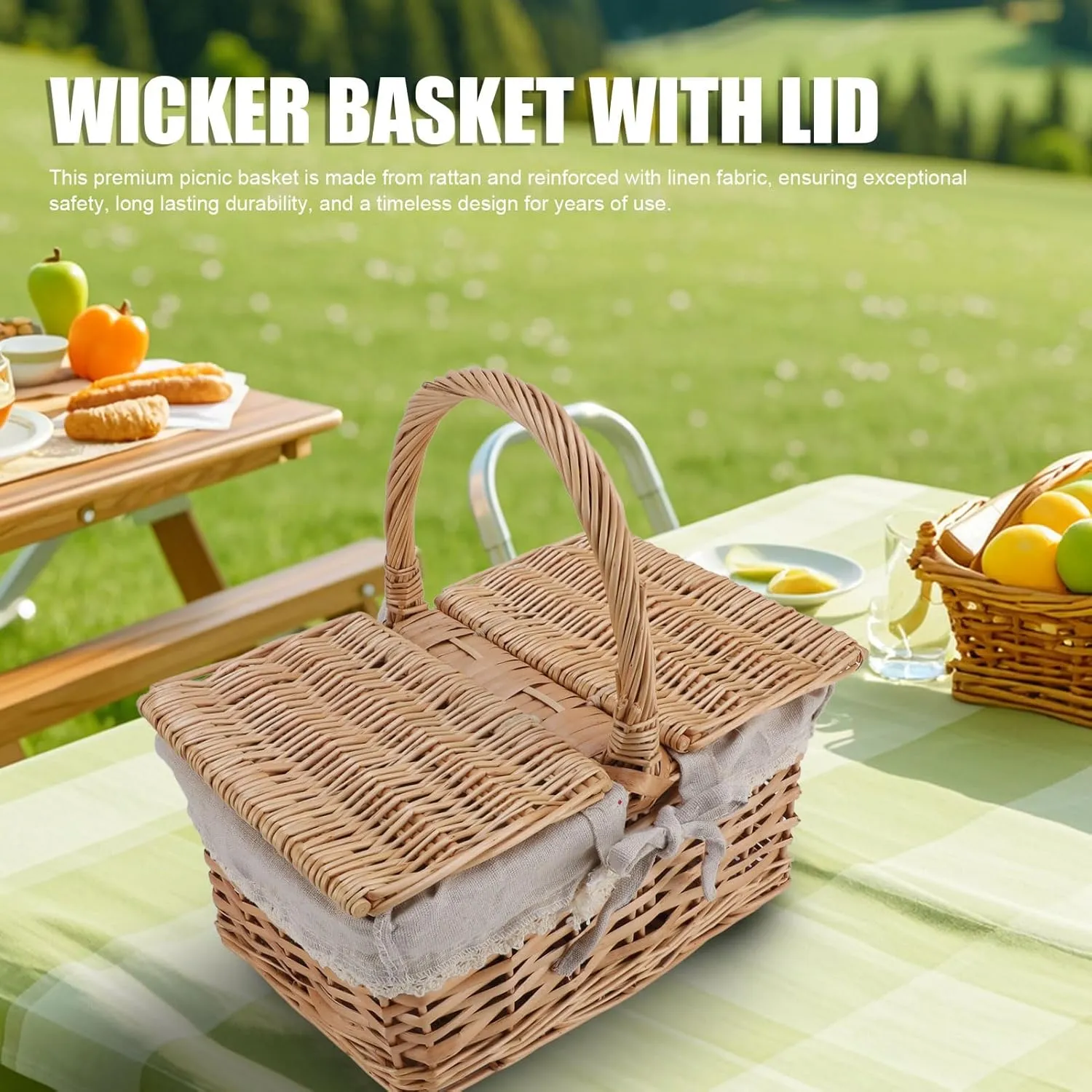 Wicker Picnic Basket with Liner, Woven Willow Picnic Hamper with Handle & Lid, Empty Easter Basket, Storage Basket for Picnic, Camping, Outdoor, Wedding, Easter Egg & Candy (Daisy)