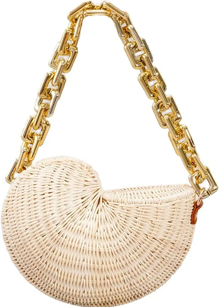 Wicker Woven Handbag Rattan Conch Bag Summer Beach Bag Fashion Small Purse for Women Girls Vacation Travel Camping