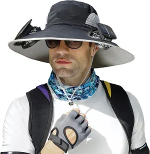 Wide Brim Solar Fan Outdoor Fishing Hat-Solar & USB Charging, Solar Fan Hat, Waterproof Hat with Solar Fan Built
